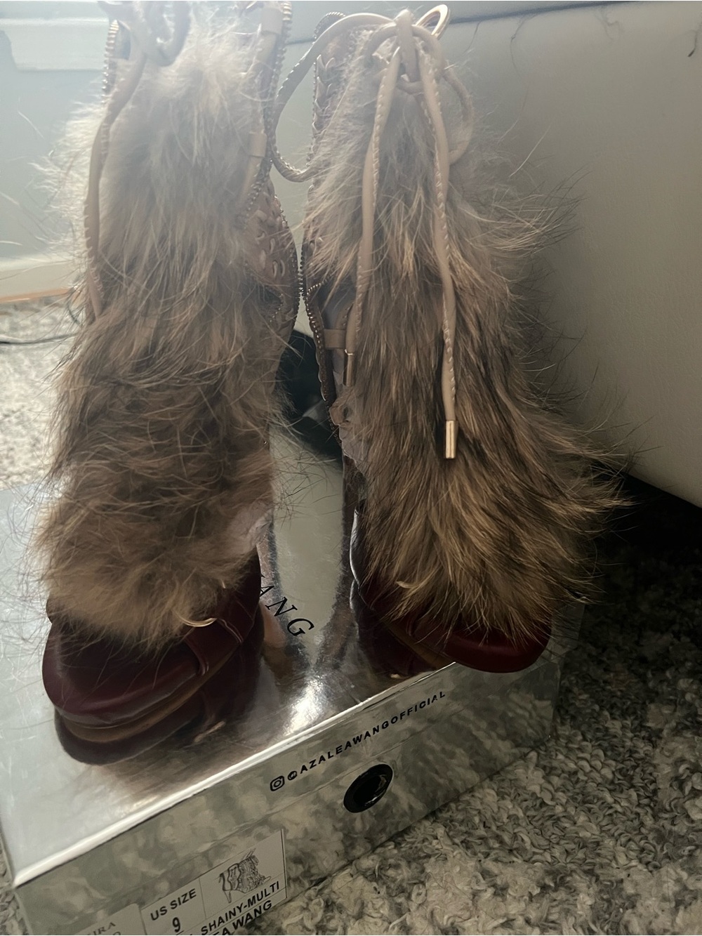 Faux Fur Lace-Up Brown High-Heel Sandals